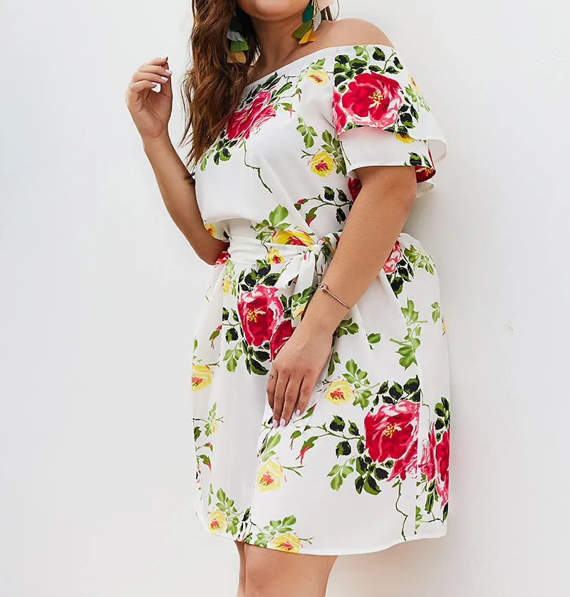 Printed Off-the-shoulder Large Size Dress