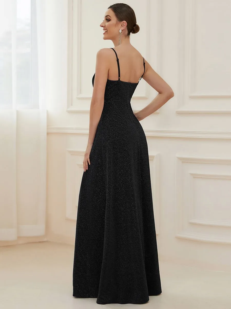 Raewyn thin strap sparkling ball gown with split in Black s26 Express NZ wide