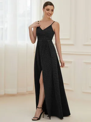 Raewyn thin strap sparkling ball gown with split in Black s26 Express NZ wide