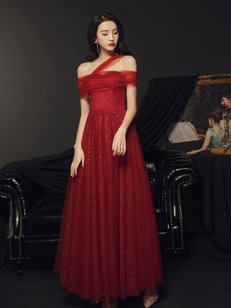 Red Off Shoulder Tulle Long Party Dress, Red A-line Tulle Formal Dress Prom Dress     fg5208