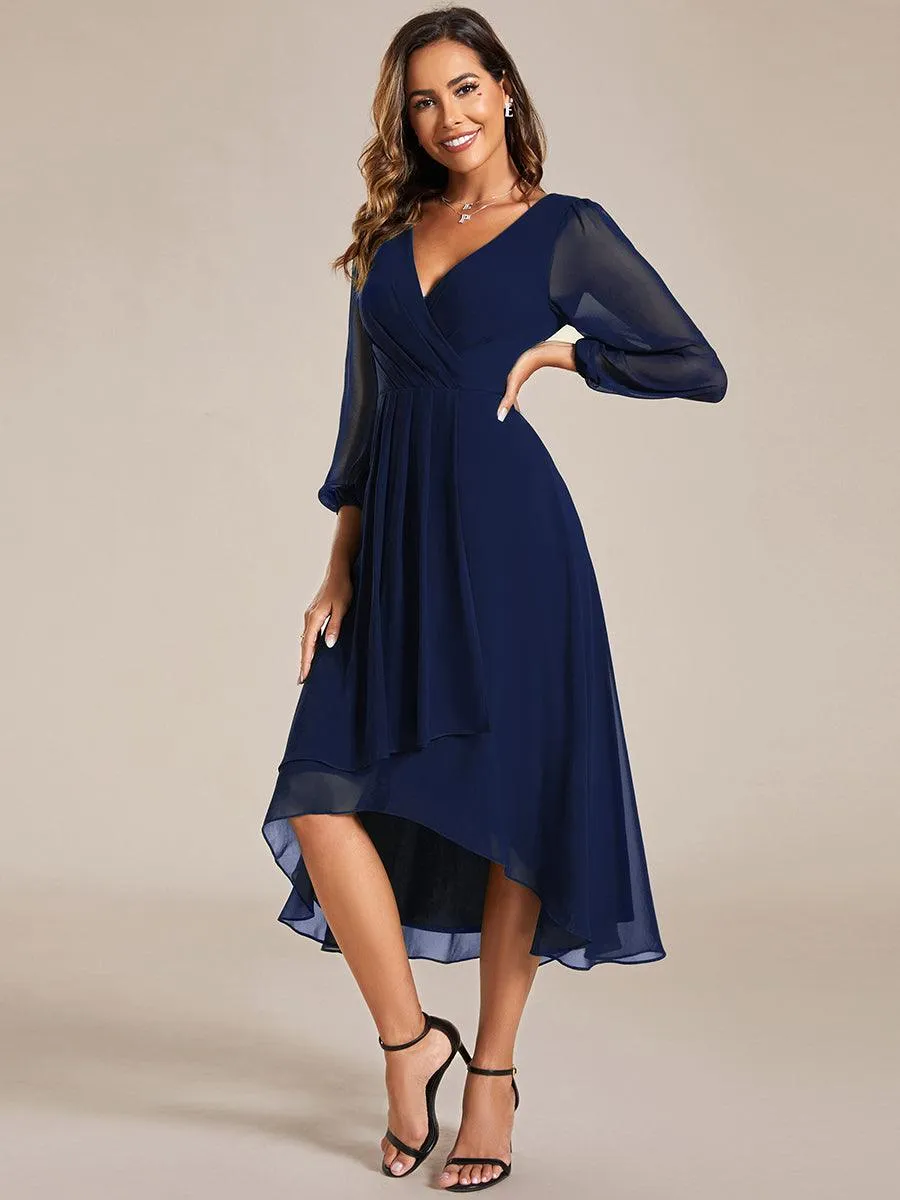 Robe invité de mariage mi-longue manches longues ourlet asymétrique