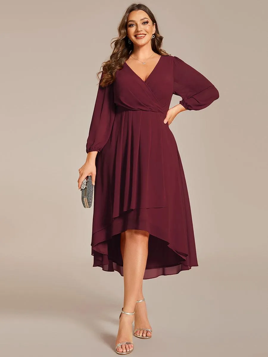 Robe invité de mariage mi-longue manches longues ourlet asymétrique