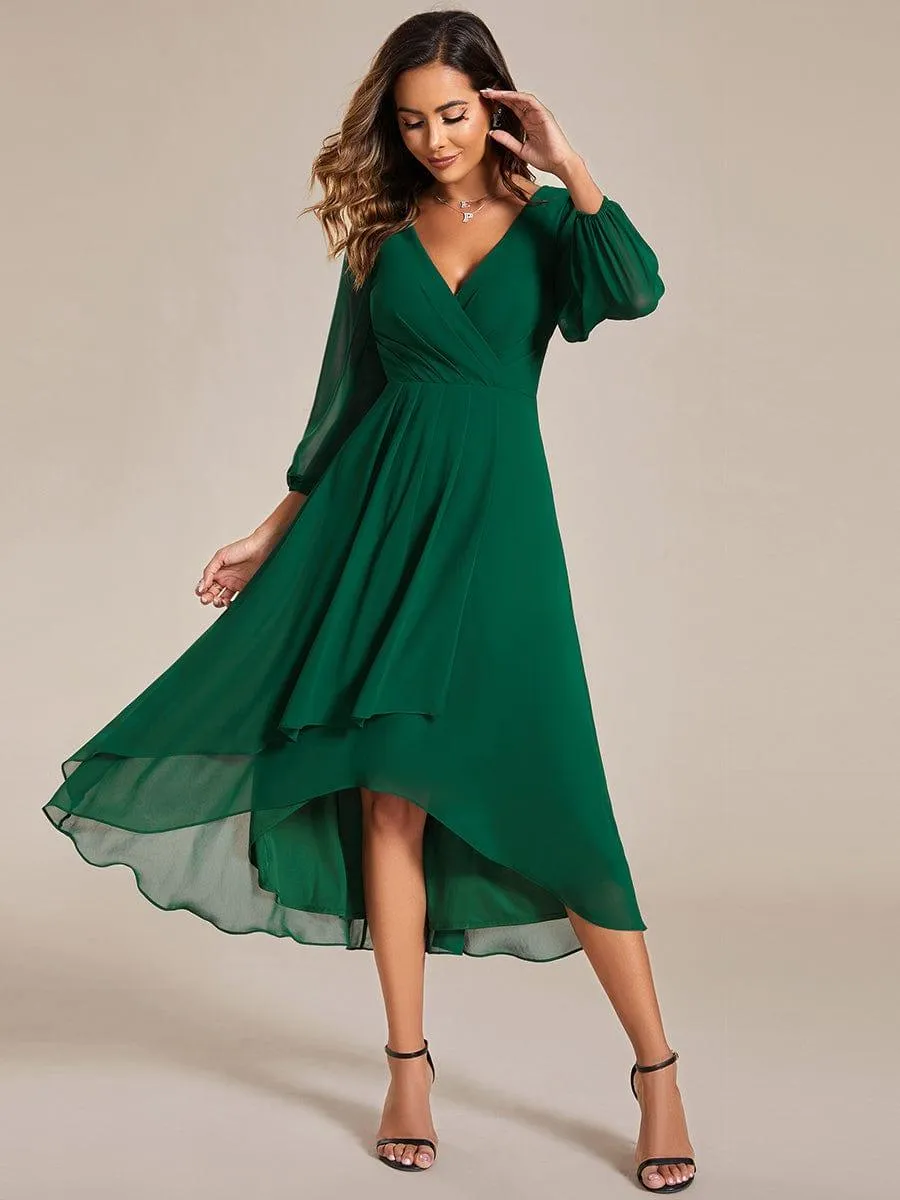 Robe invité de mariage mi-longue manches longues ourlet asymétrique
