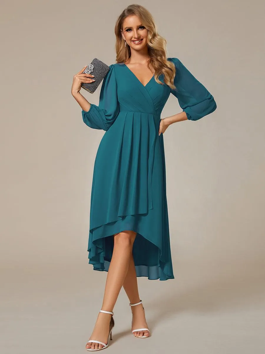 Robe invité de mariage mi-longue manches longues ourlet asymétrique