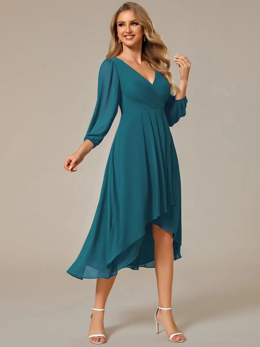 Robe invité de mariage mi-longue manches longues ourlet asymétrique