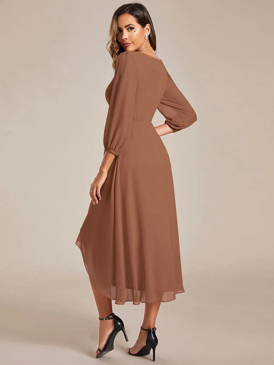 Robe invité de mariage mi-longue manches longues ourlet asymétrique