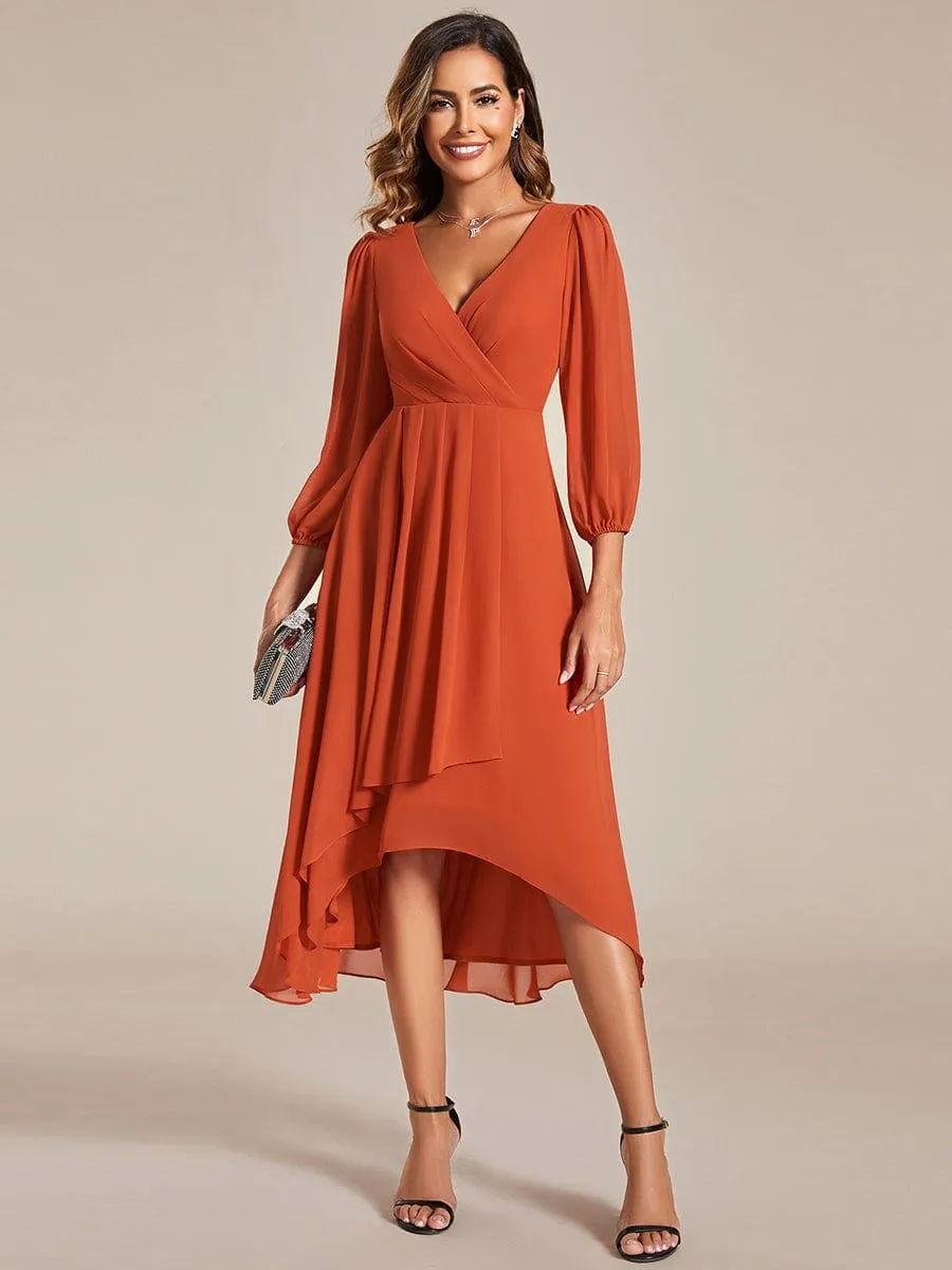 Robe invité de mariage mi-longue manches longues ourlet asymétrique