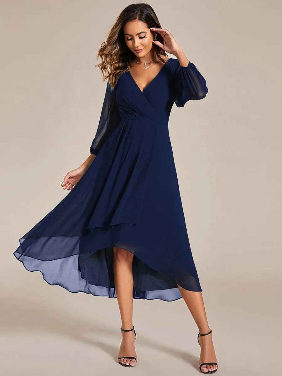 Robe invité de mariage mi-longue manches longues ourlet asymétrique