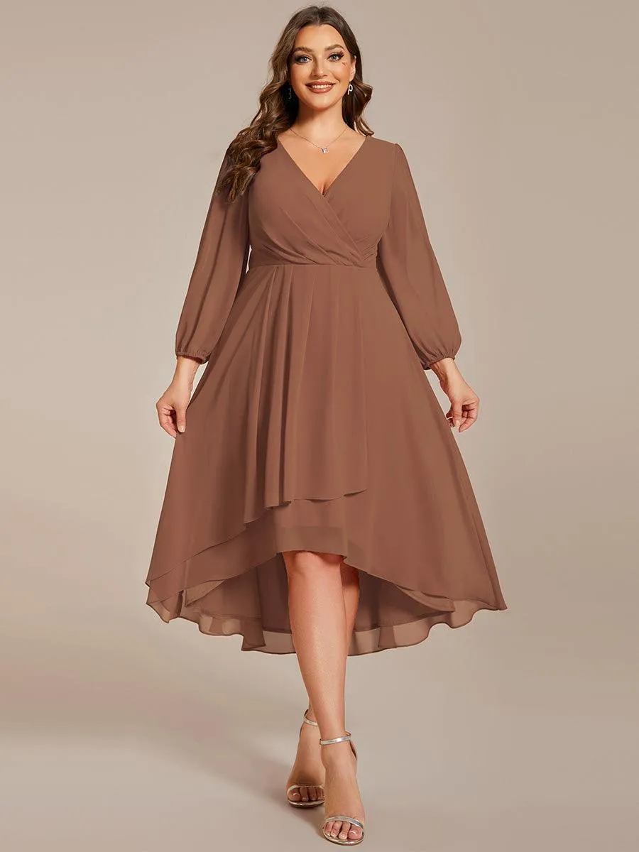 Robe invité de mariage mi-longue manches longues ourlet asymétrique