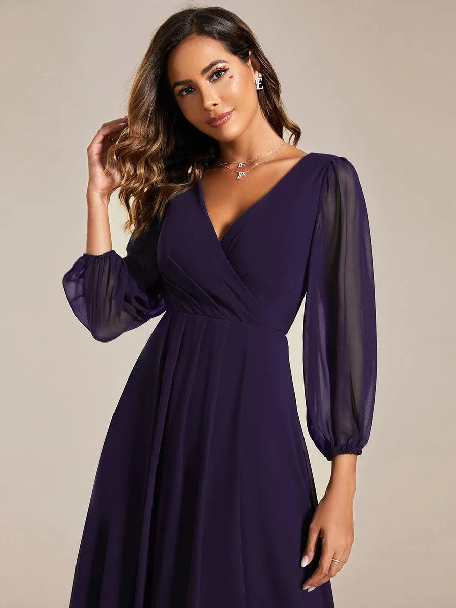 Robe invité de mariage mi-longue manches longues ourlet asymétrique