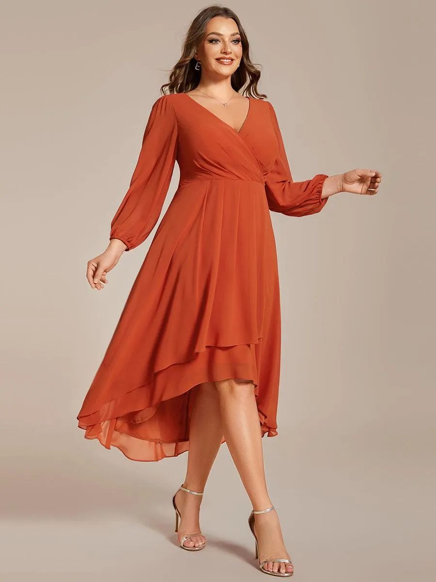 Robe invité de mariage mi-longue manches longues ourlet asymétrique