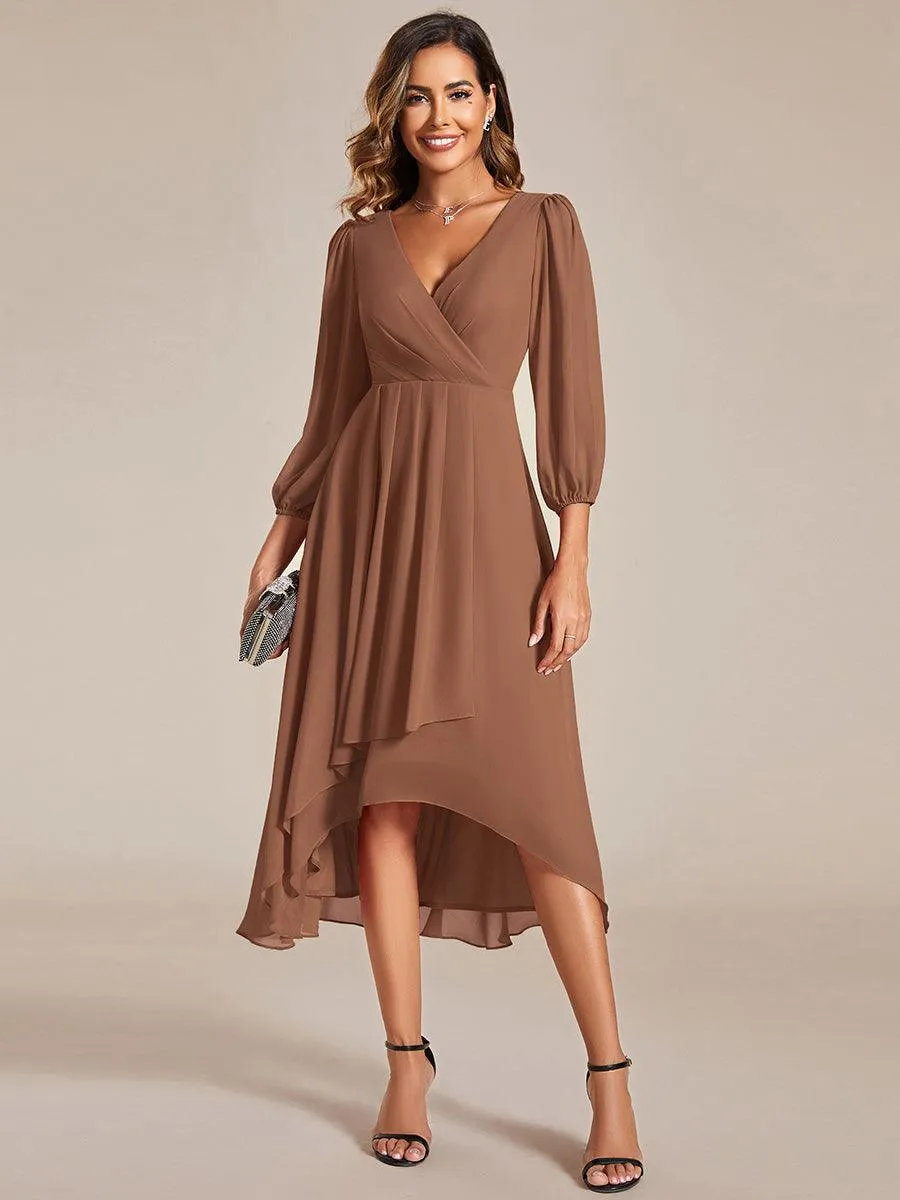 Robe invité de mariage mi-longue manches longues ourlet asymétrique