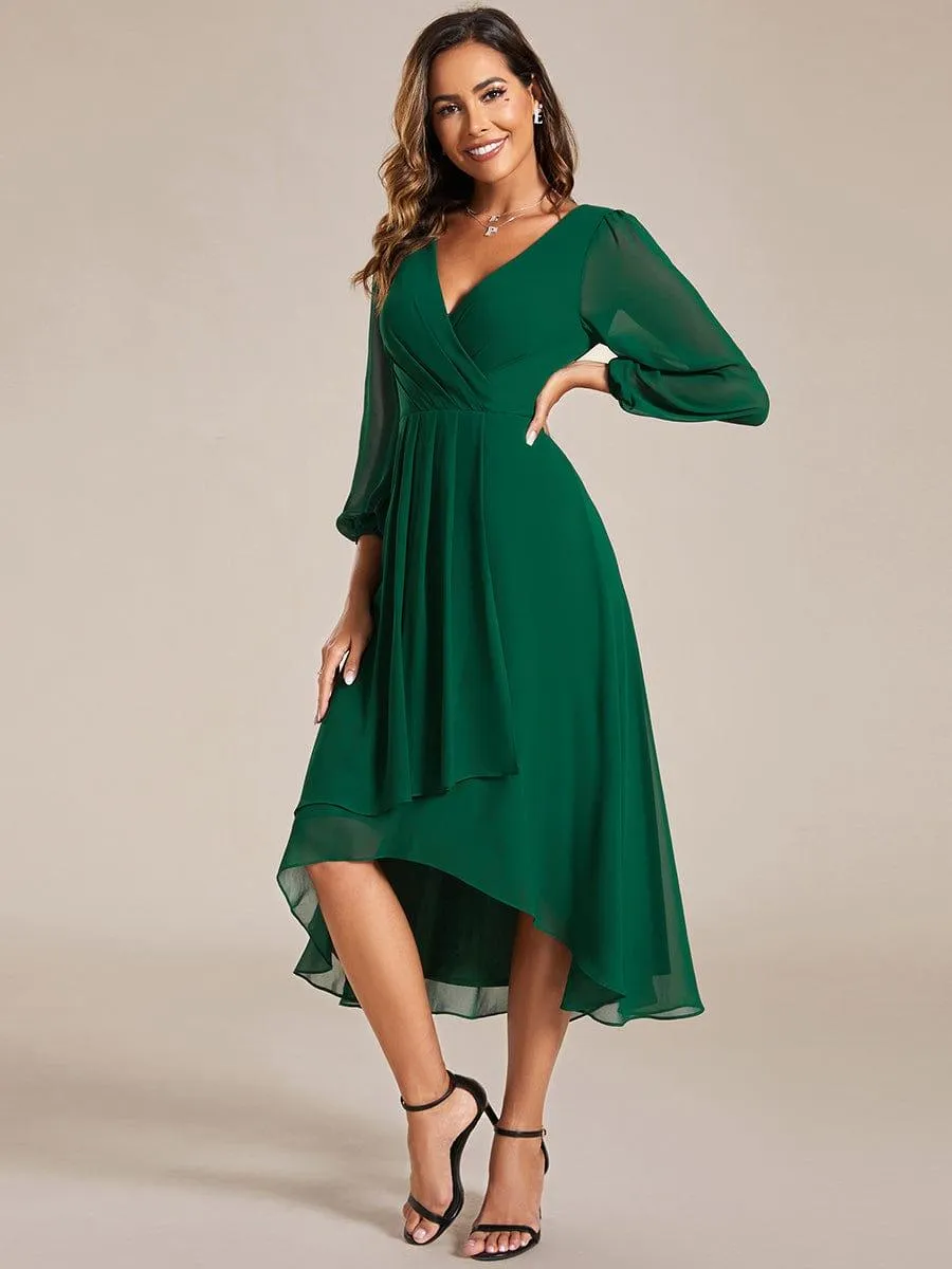 Robe invité de mariage mi-longue manches longues ourlet asymétrique