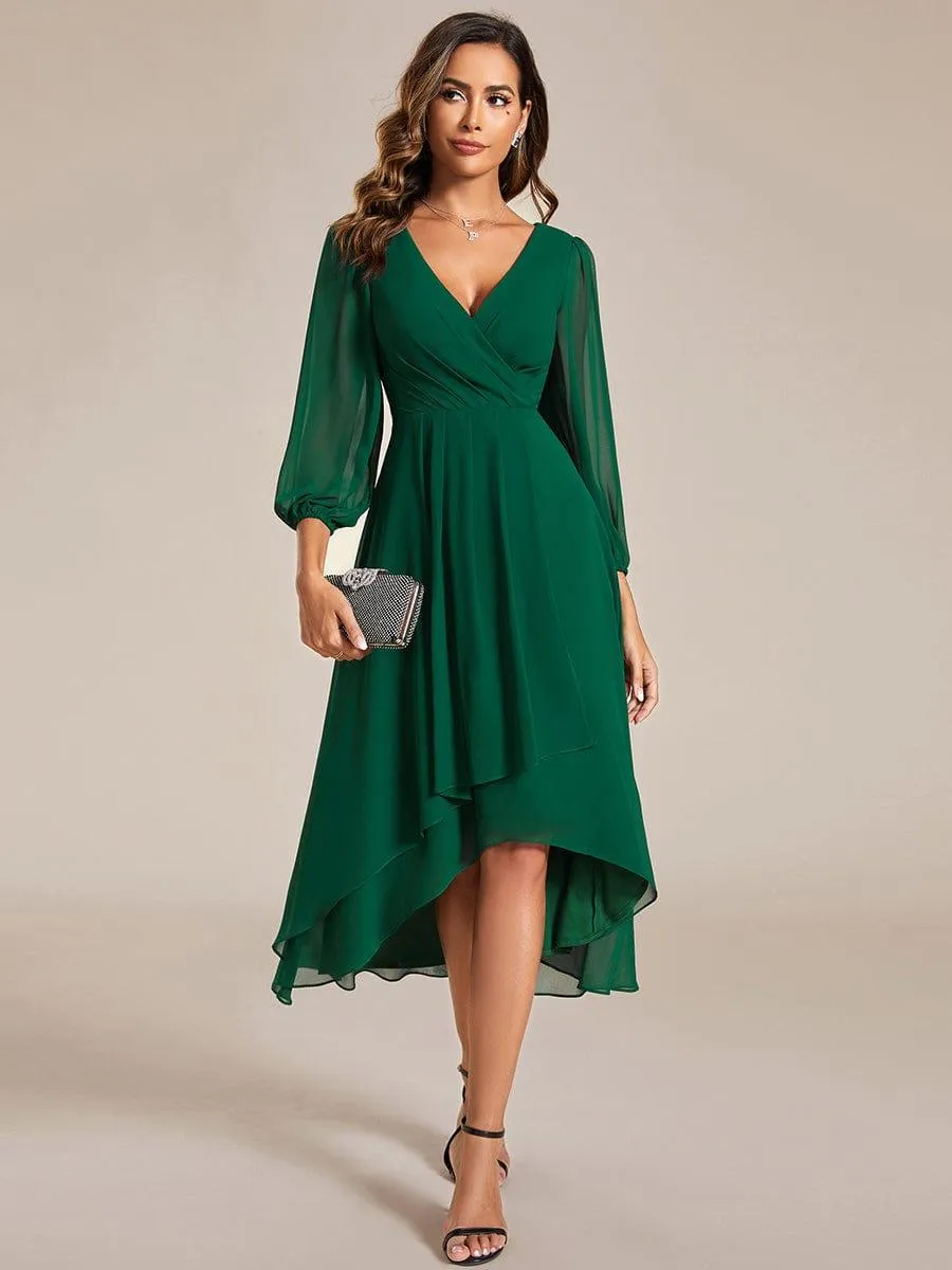 Robe invité de mariage mi-longue manches longues ourlet asymétrique