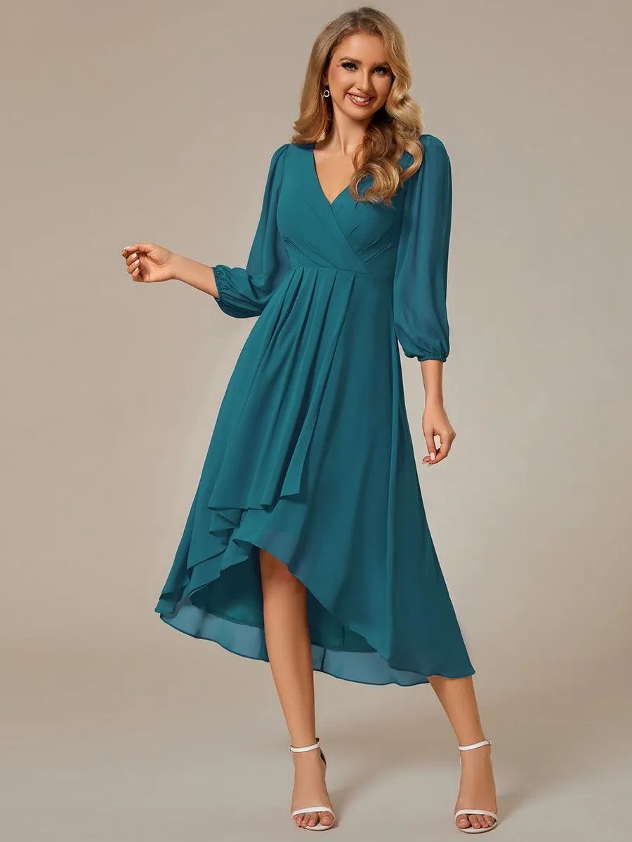 Robe invité de mariage mi-longue manches longues ourlet asymétrique