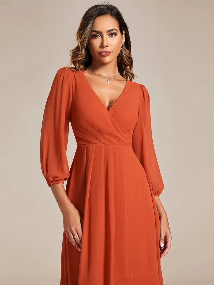 Robe invité de mariage mi-longue manches longues ourlet asymétrique