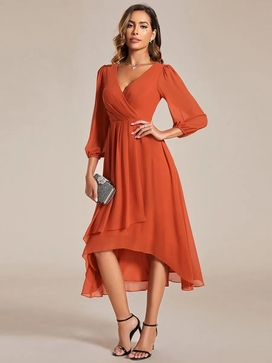 Robe invité de mariage mi-longue manches longues ourlet asymétrique