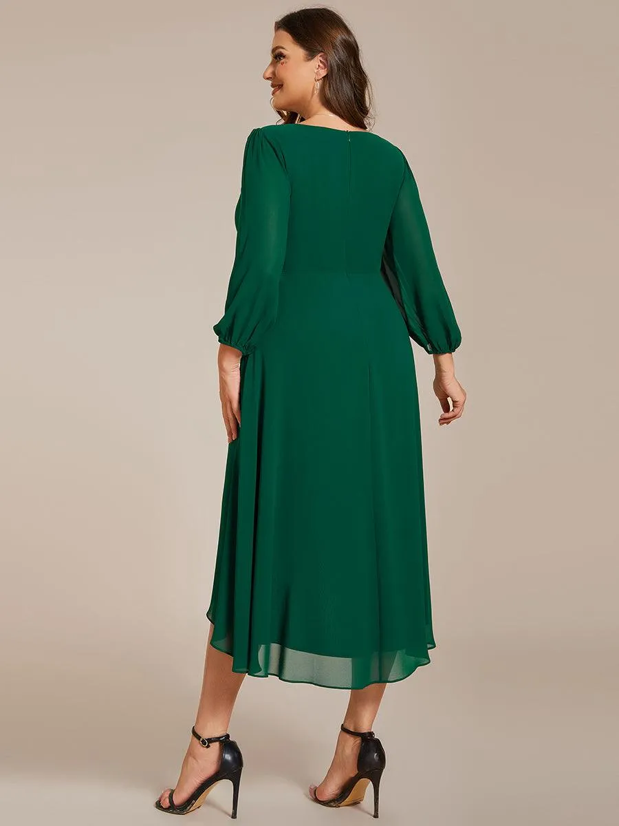 Robe invité de mariage mi-longue manches longues ourlet asymétrique