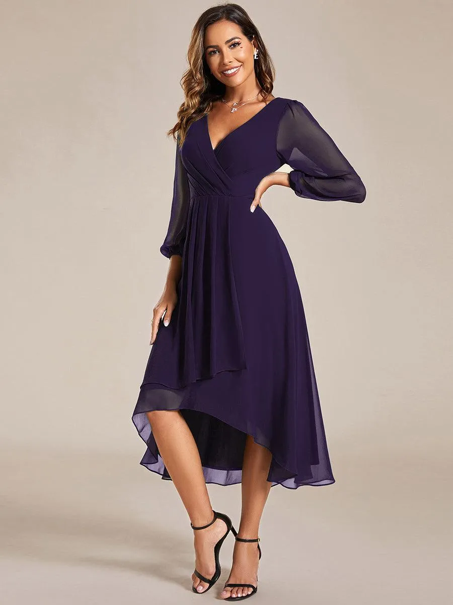 Robe invité de mariage mi-longue manches longues ourlet asymétrique