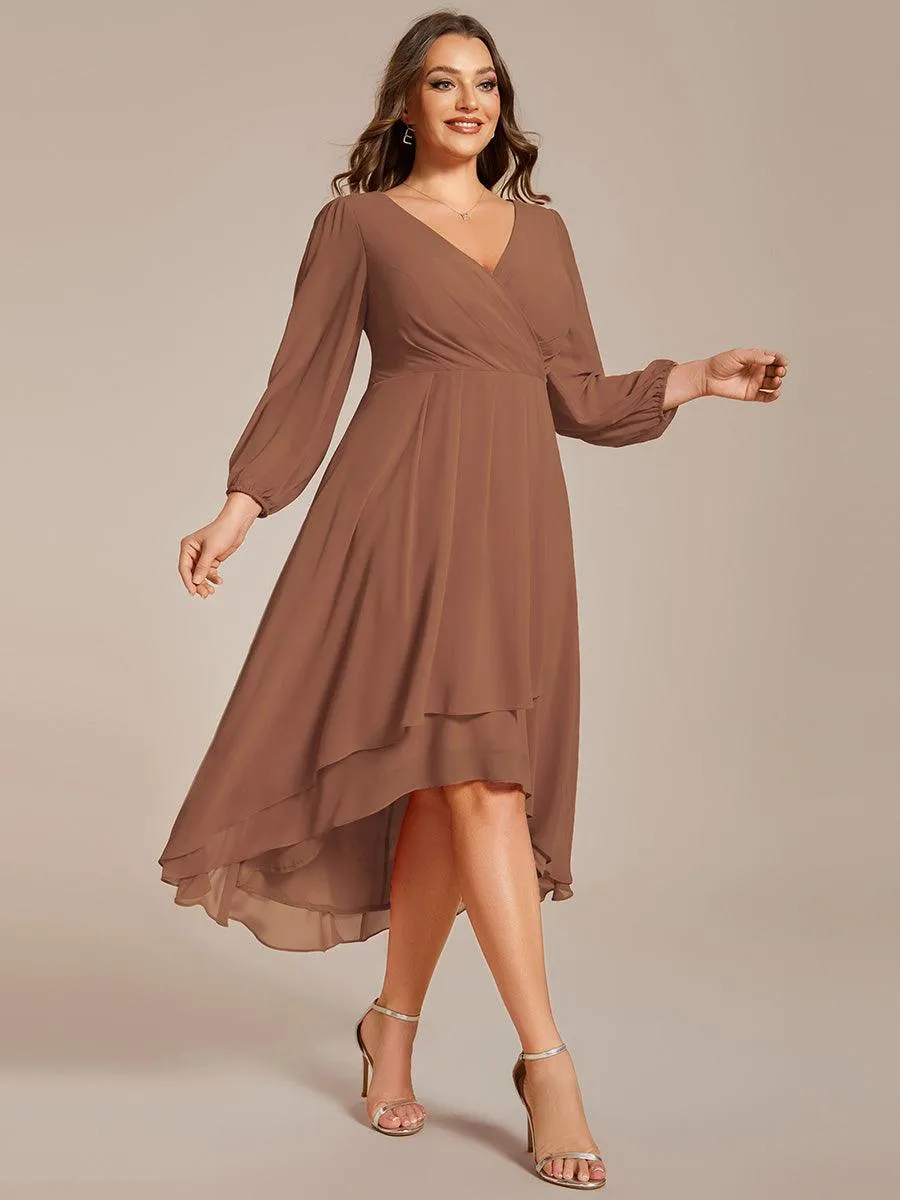 Robe invité de mariage mi-longue manches longues ourlet asymétrique