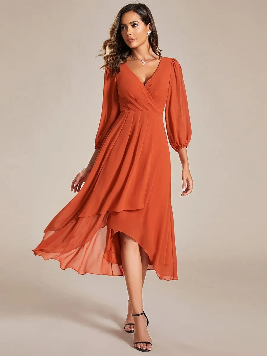 Robe invité de mariage mi-longue manches longues ourlet asymétrique