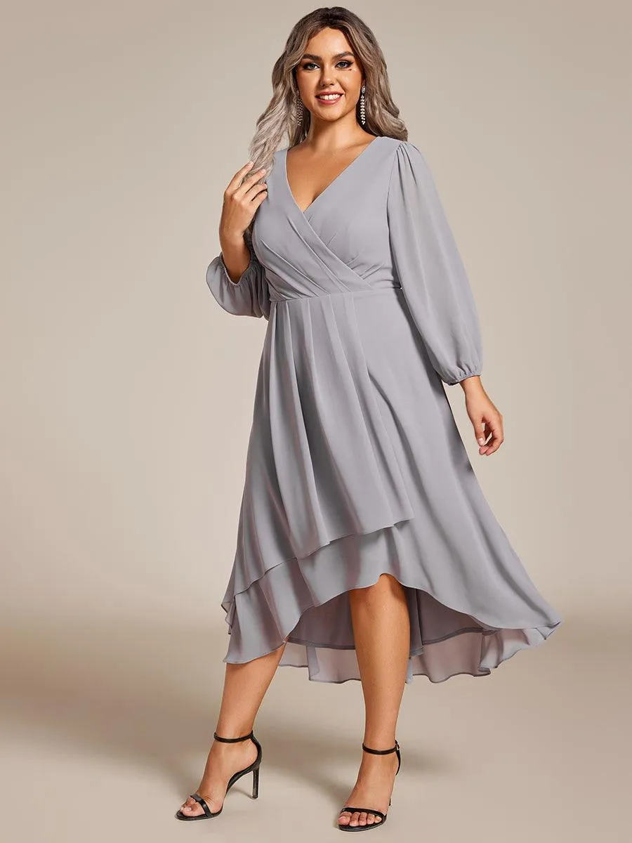 Robe invité de mariage mi-longue manches longues ourlet asymétrique