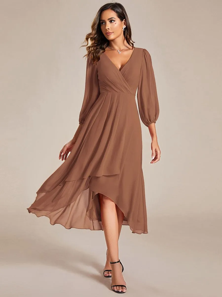 Robe invité de mariage mi-longue manches longues ourlet asymétrique