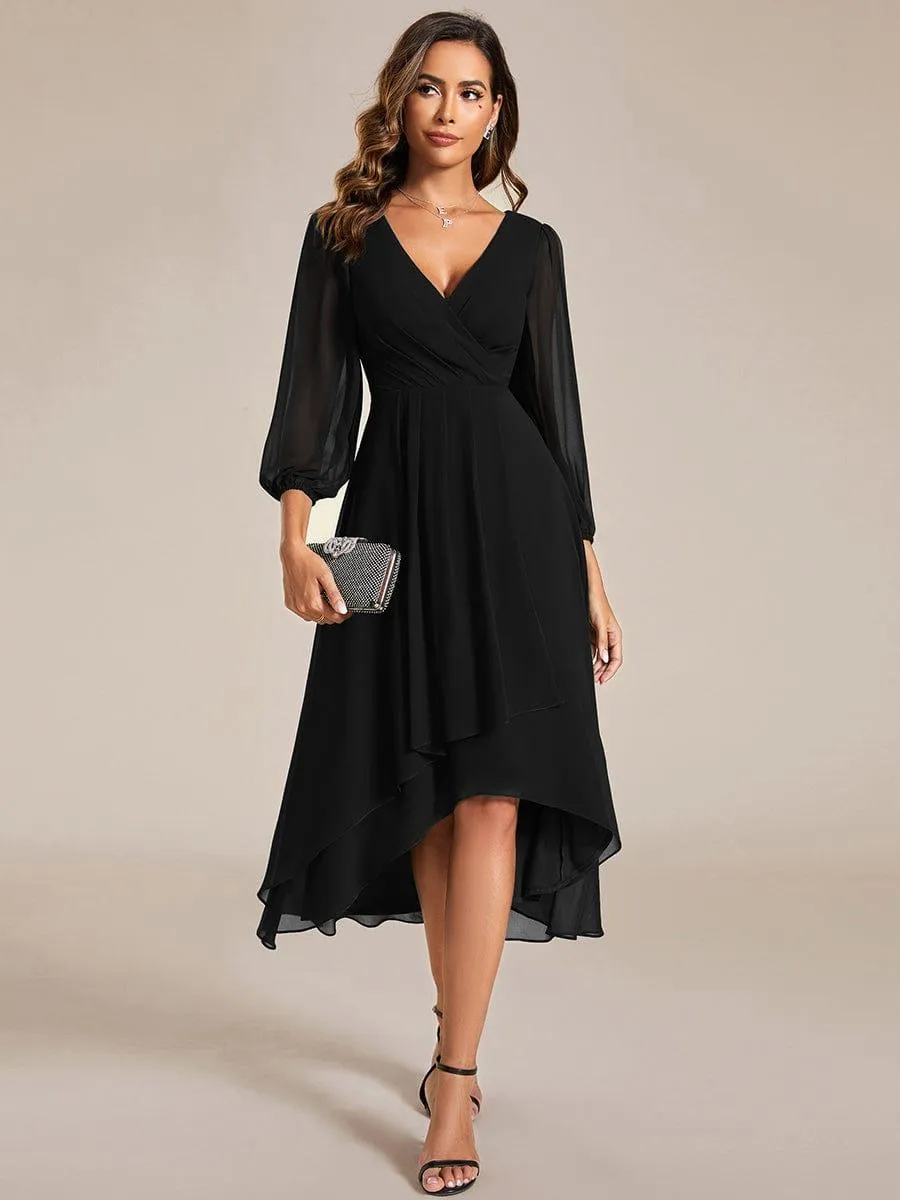 Robe invité de mariage mi-longue manches longues ourlet asymétrique