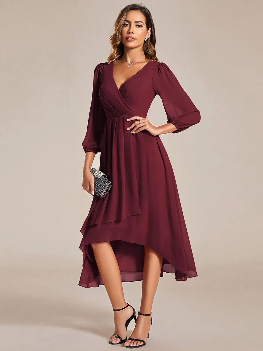 Robe invité de mariage mi-longue manches longues ourlet asymétrique
