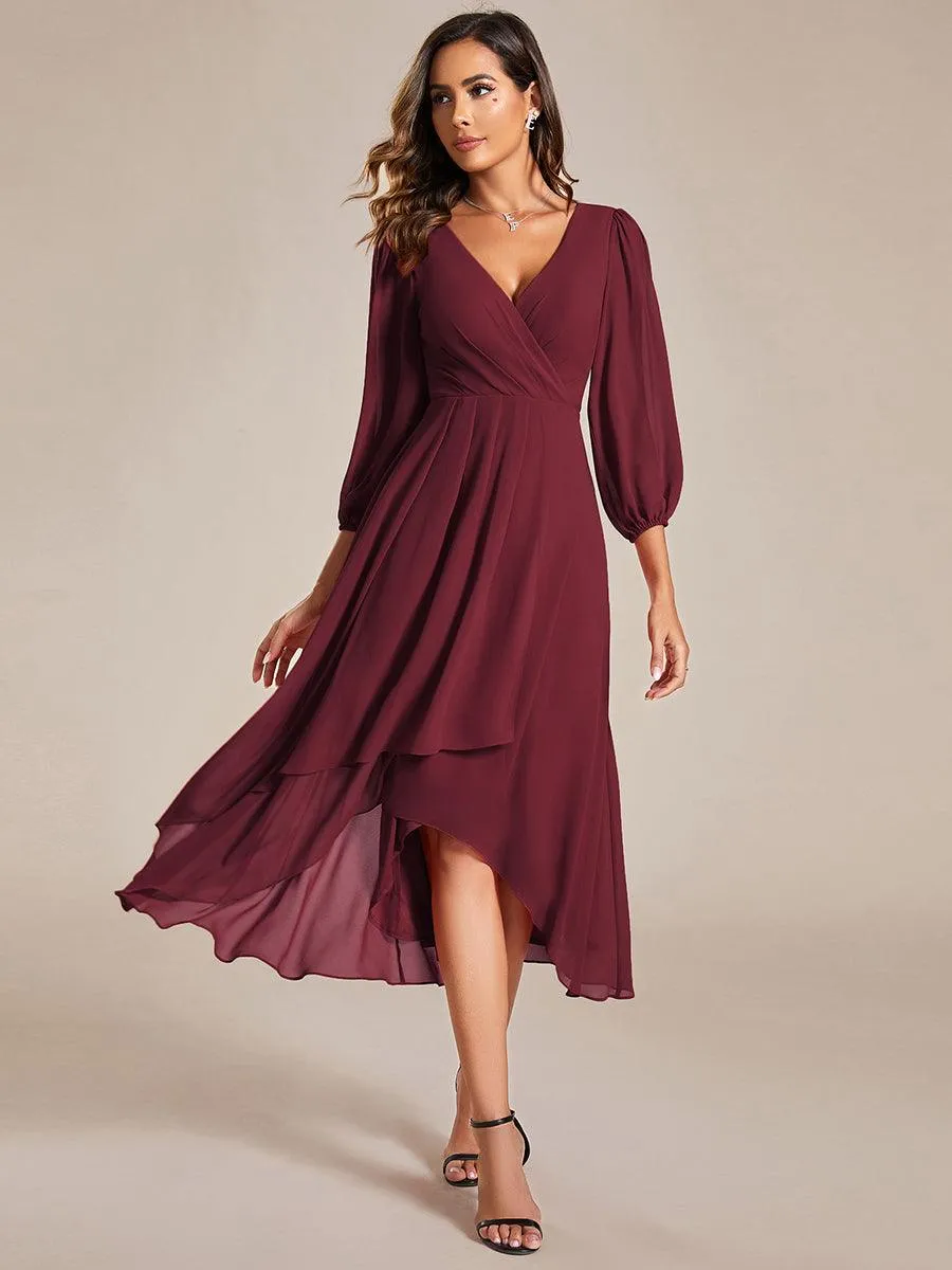 Robe invité de mariage mi-longue manches longues ourlet asymétrique
