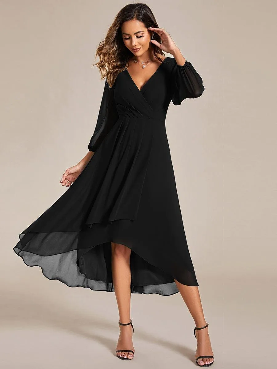 Robe invité de mariage mi-longue manches longues ourlet asymétrique