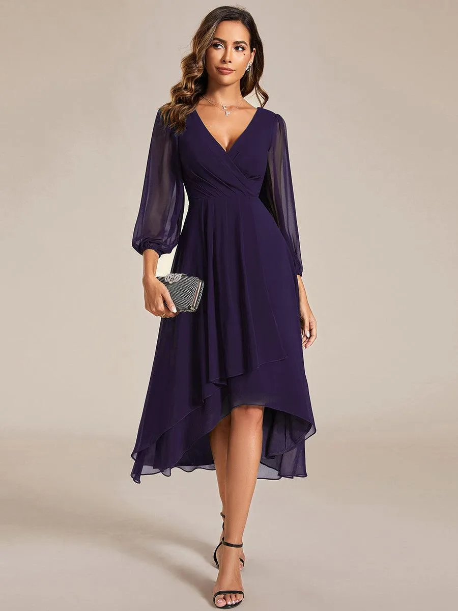 Robe invité de mariage mi-longue manches longues ourlet asymétrique