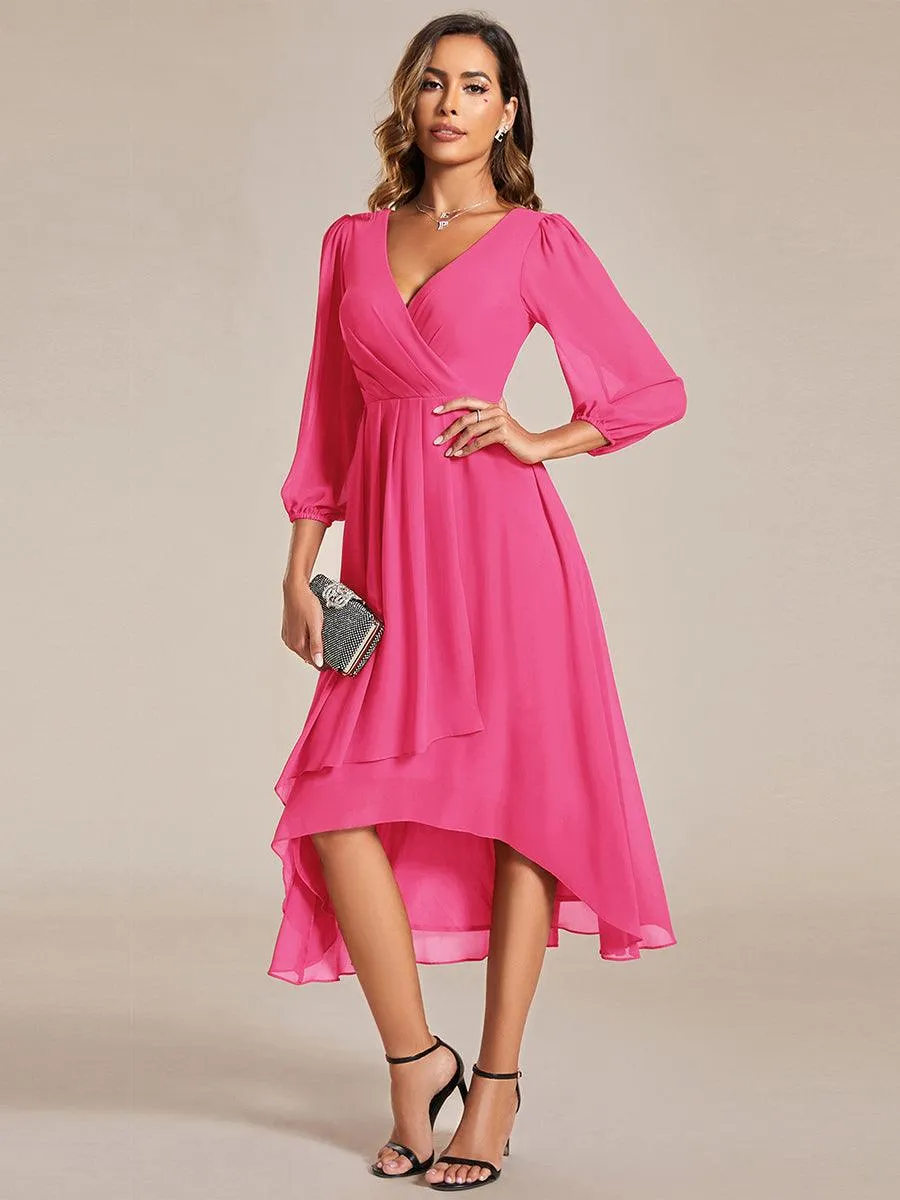 Robe invité de mariage mi-longue manches longues ourlet asymétrique