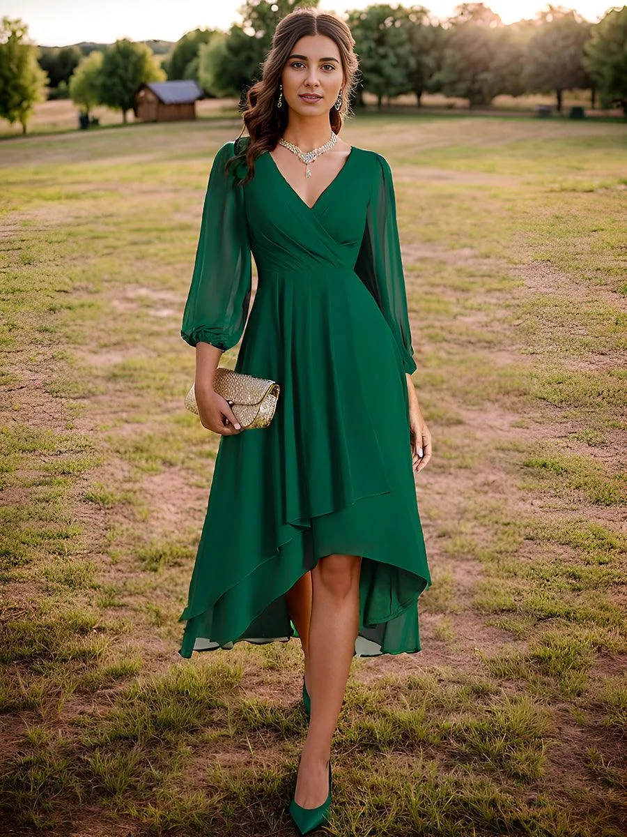 Robe invité de mariage mi-longue manches longues ourlet asymétrique