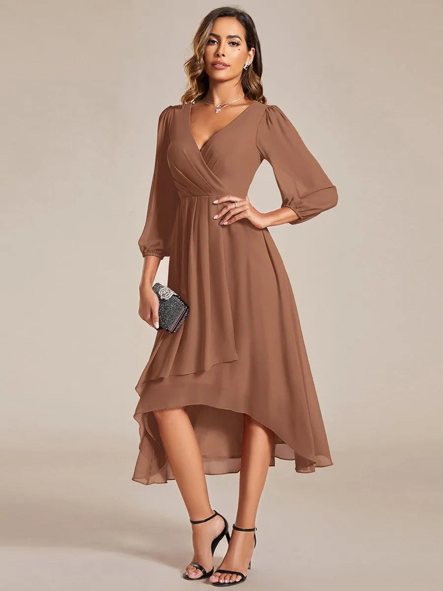 Robe invité de mariage mi-longue manches longues ourlet asymétrique
