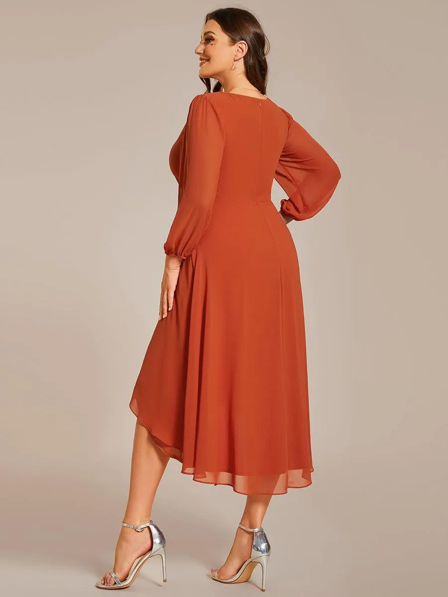Robe invité de mariage mi-longue manches longues ourlet asymétrique