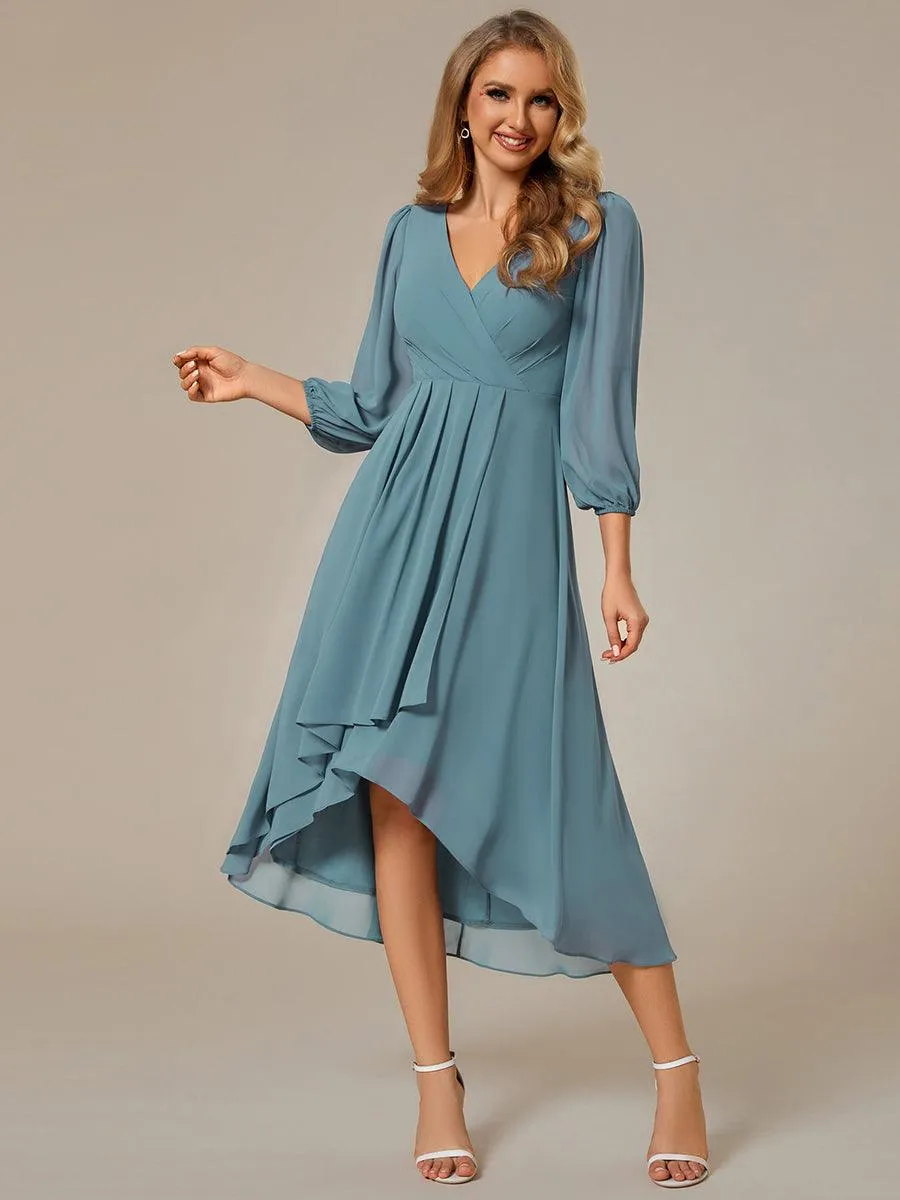 Robe invité de mariage mi-longue manches longues ourlet asymétrique