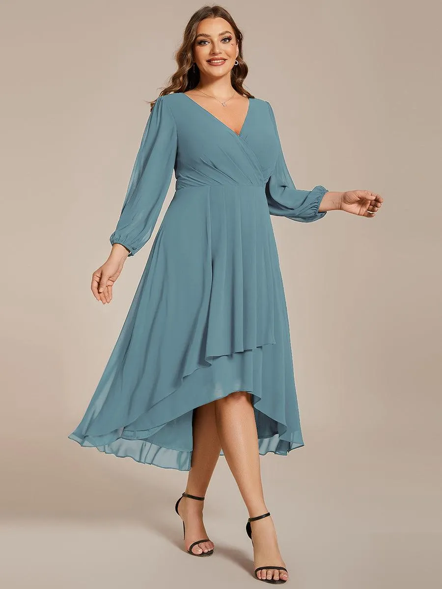 Robe invité de mariage mi-longue manches longues ourlet asymétrique