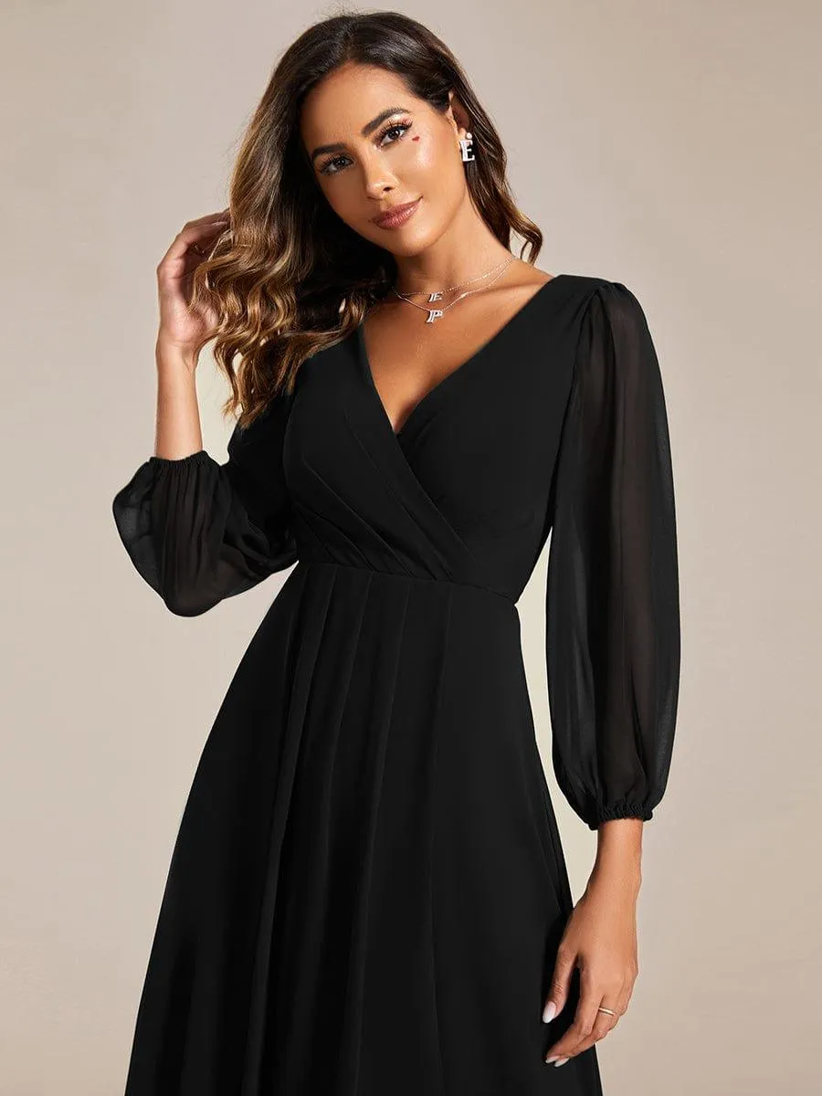 Robe invité de mariage mi-longue manches longues ourlet asymétrique