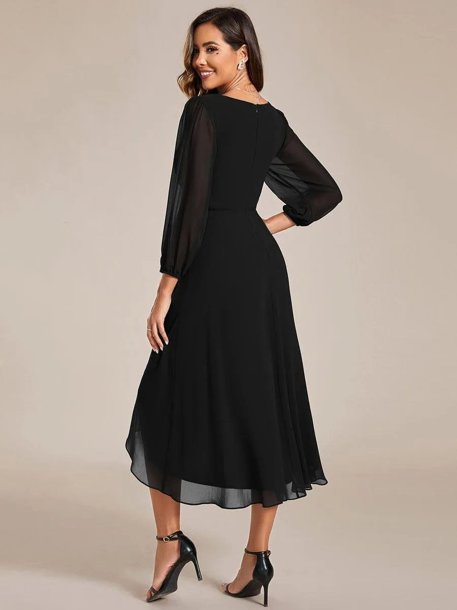 Robe invité de mariage mi-longue manches longues ourlet asymétrique