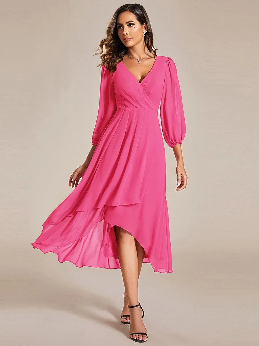 Robe invité de mariage mi-longue manches longues ourlet asymétrique