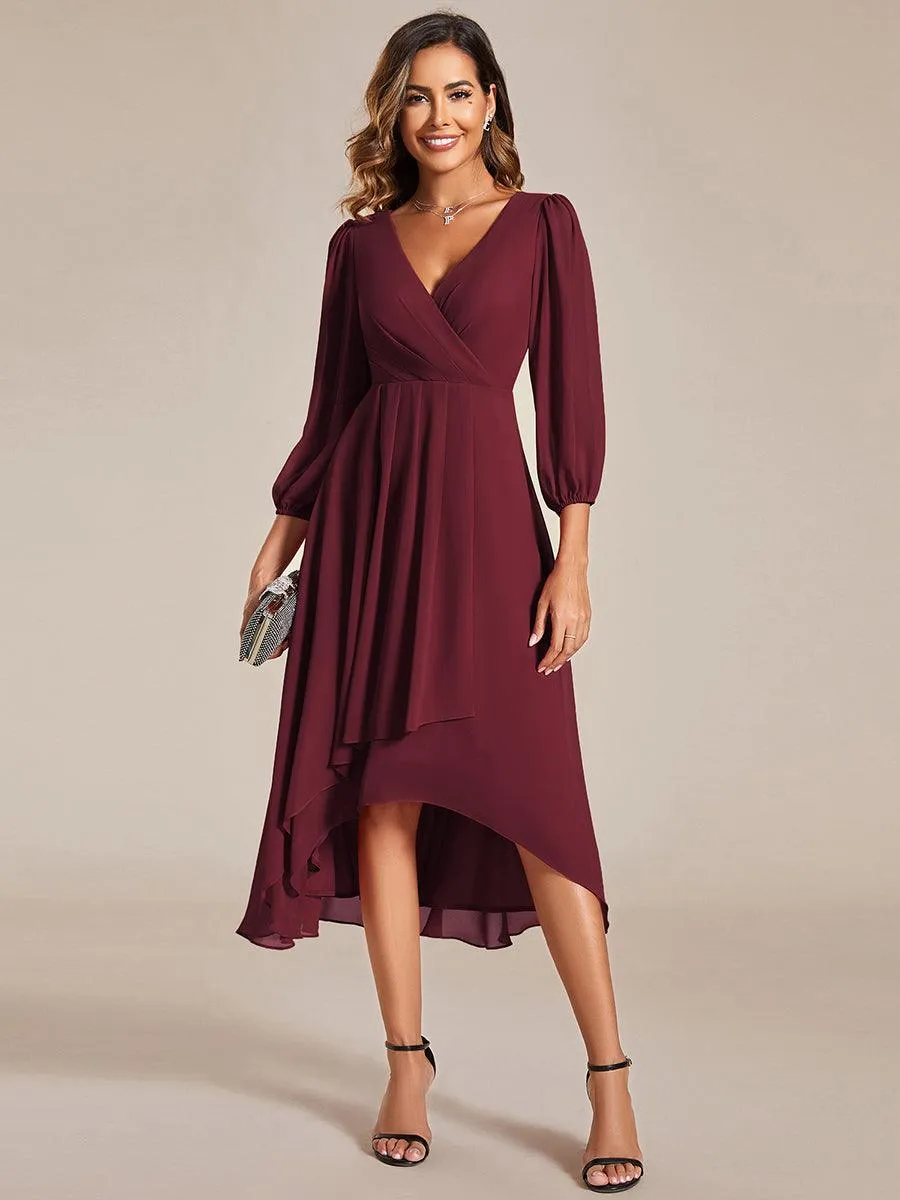 Robe invité de mariage mi-longue manches longues ourlet asymétrique
