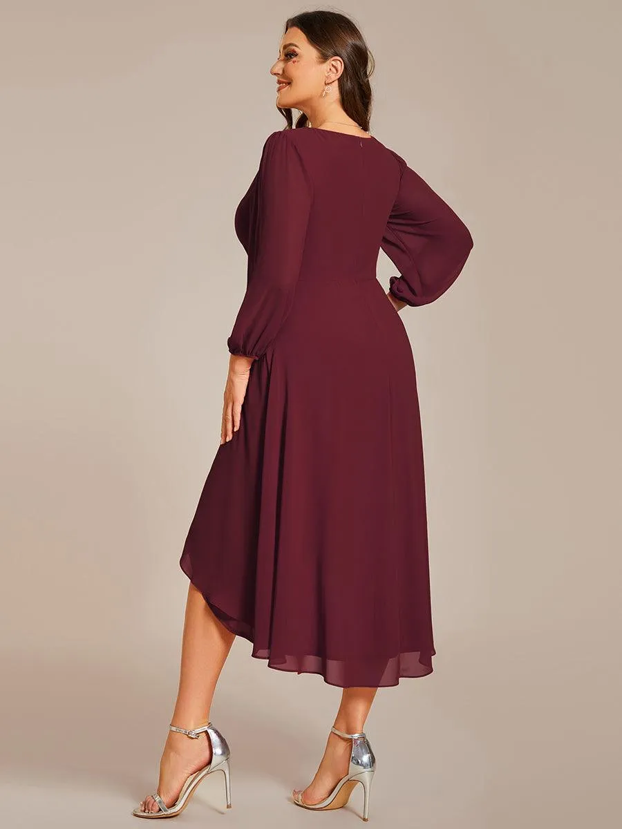 Robe invité de mariage mi-longue manches longues ourlet asymétrique