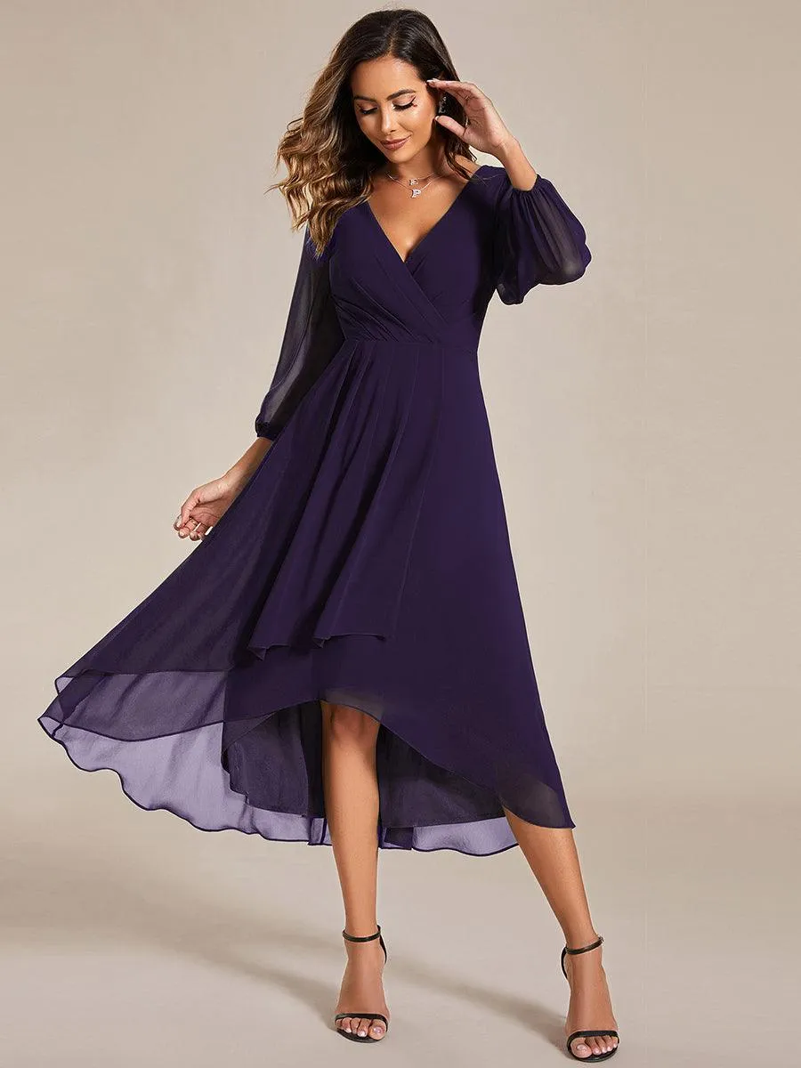 Robe invité de mariage mi-longue manches longues ourlet asymétrique
