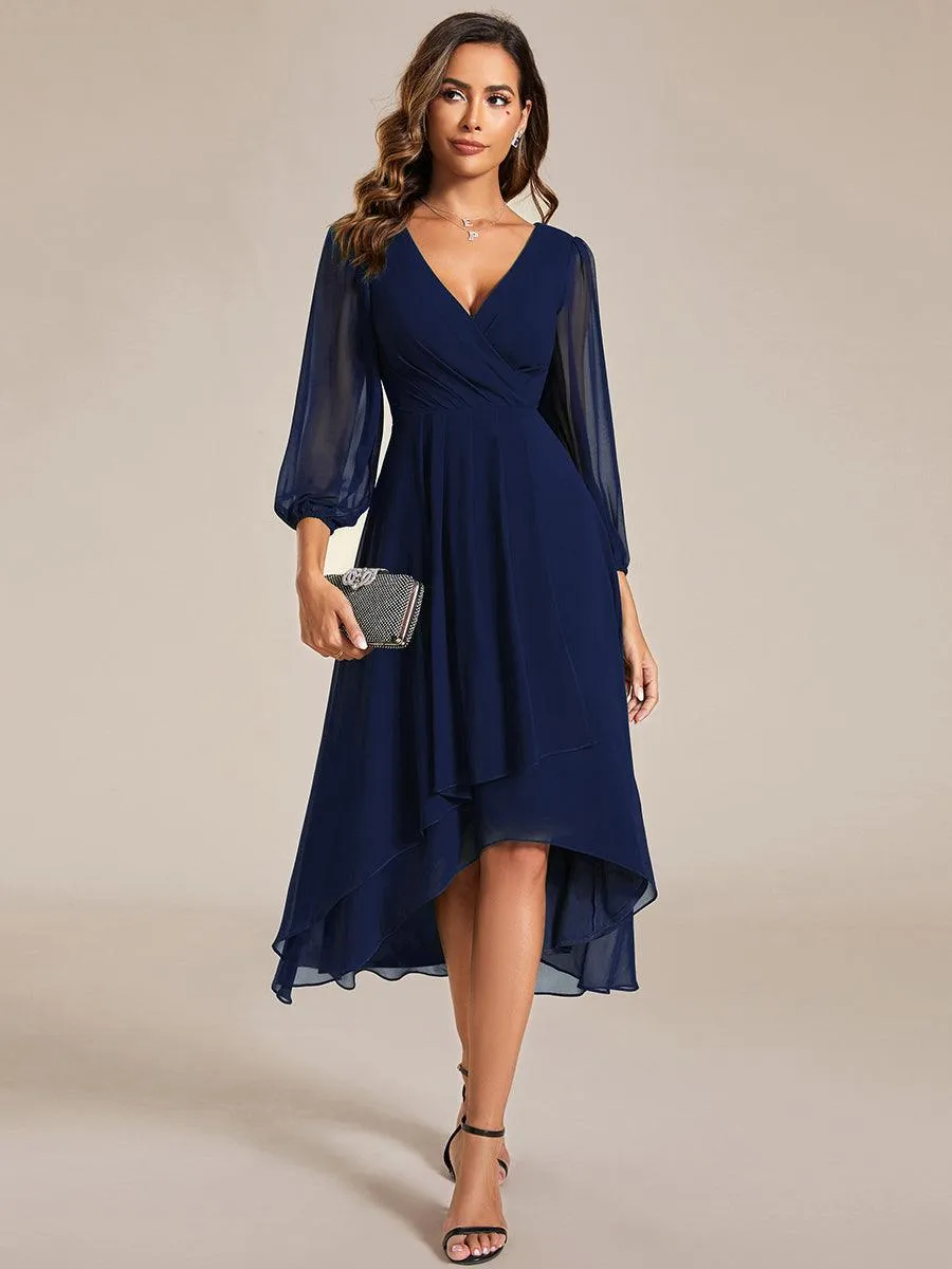 Robe invité de mariage mi-longue manches longues ourlet asymétrique