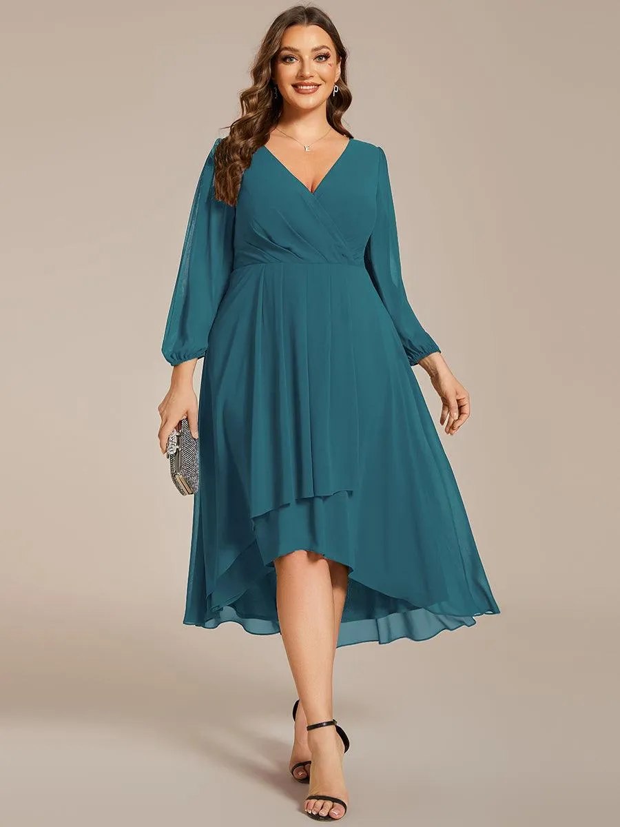 Robe invité de mariage mi-longue manches longues ourlet asymétrique