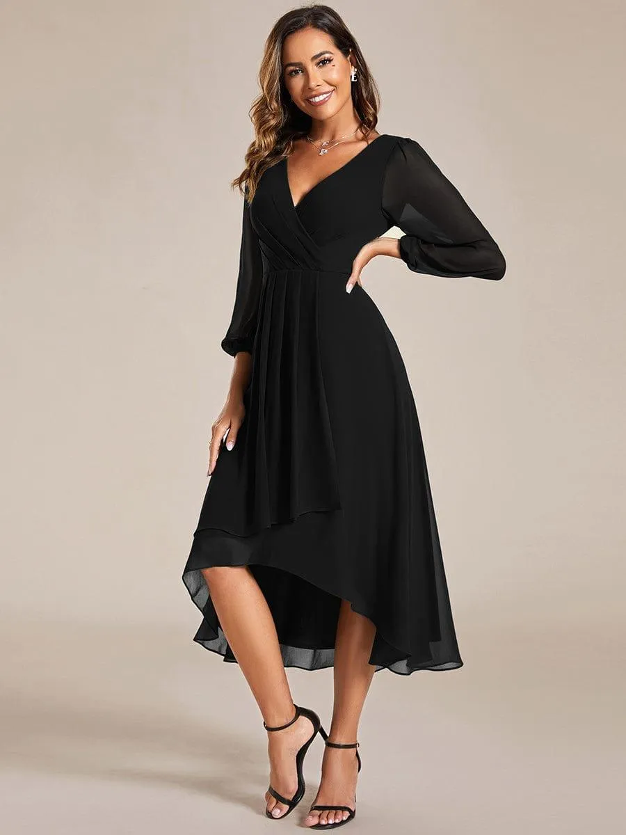 Robe invité de mariage mi-longue manches longues ourlet asymétrique