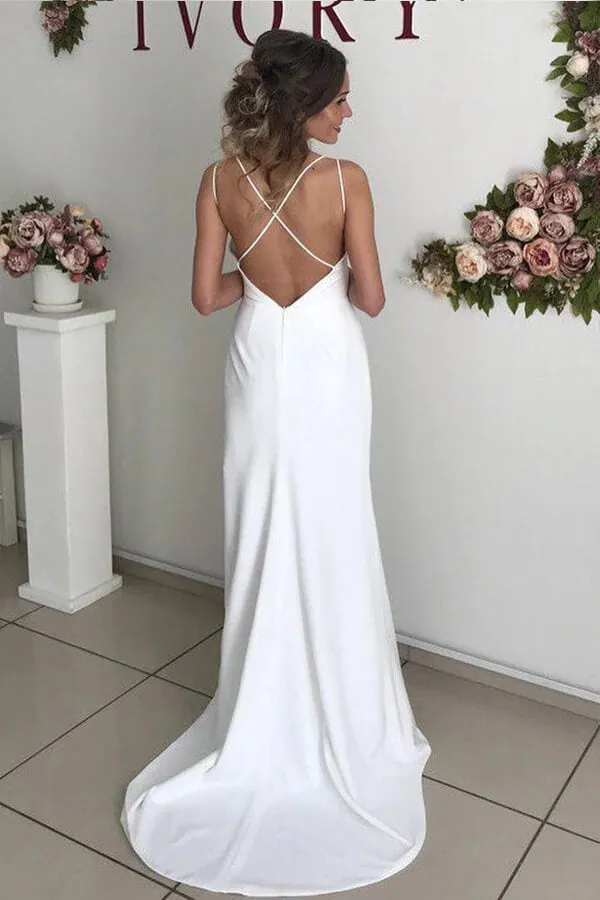 Roycebridal Ivory Sheath V-neck Backless Spaghetti Straps Wedding Dresses with Slit, MW710