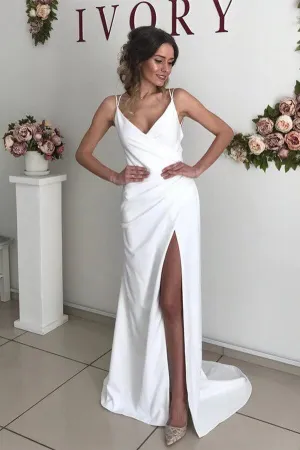Roycebridal Ivory Sheath V-neck Backless Spaghetti Straps Wedding Dresses with Slit, MW710