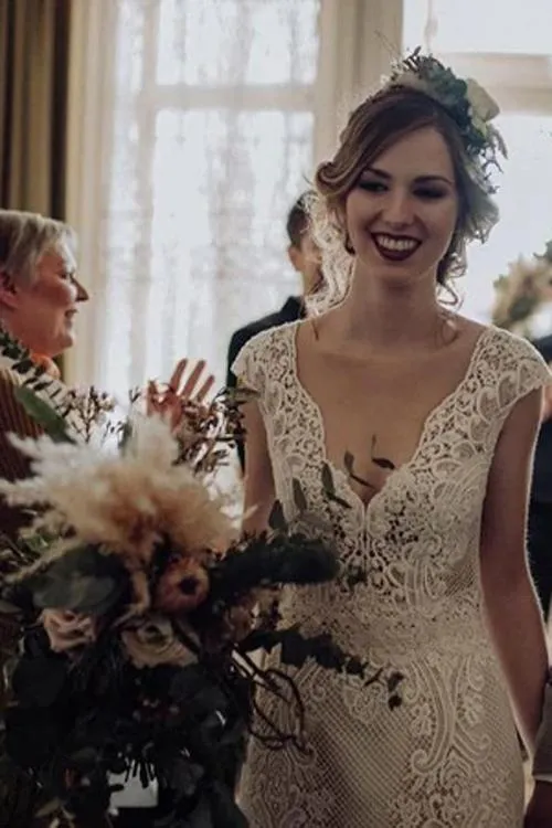Roycebridal Lace Wedding Dress with Little Cap Sleeves Vintage Lace Pattern Bridal Dress,MW384